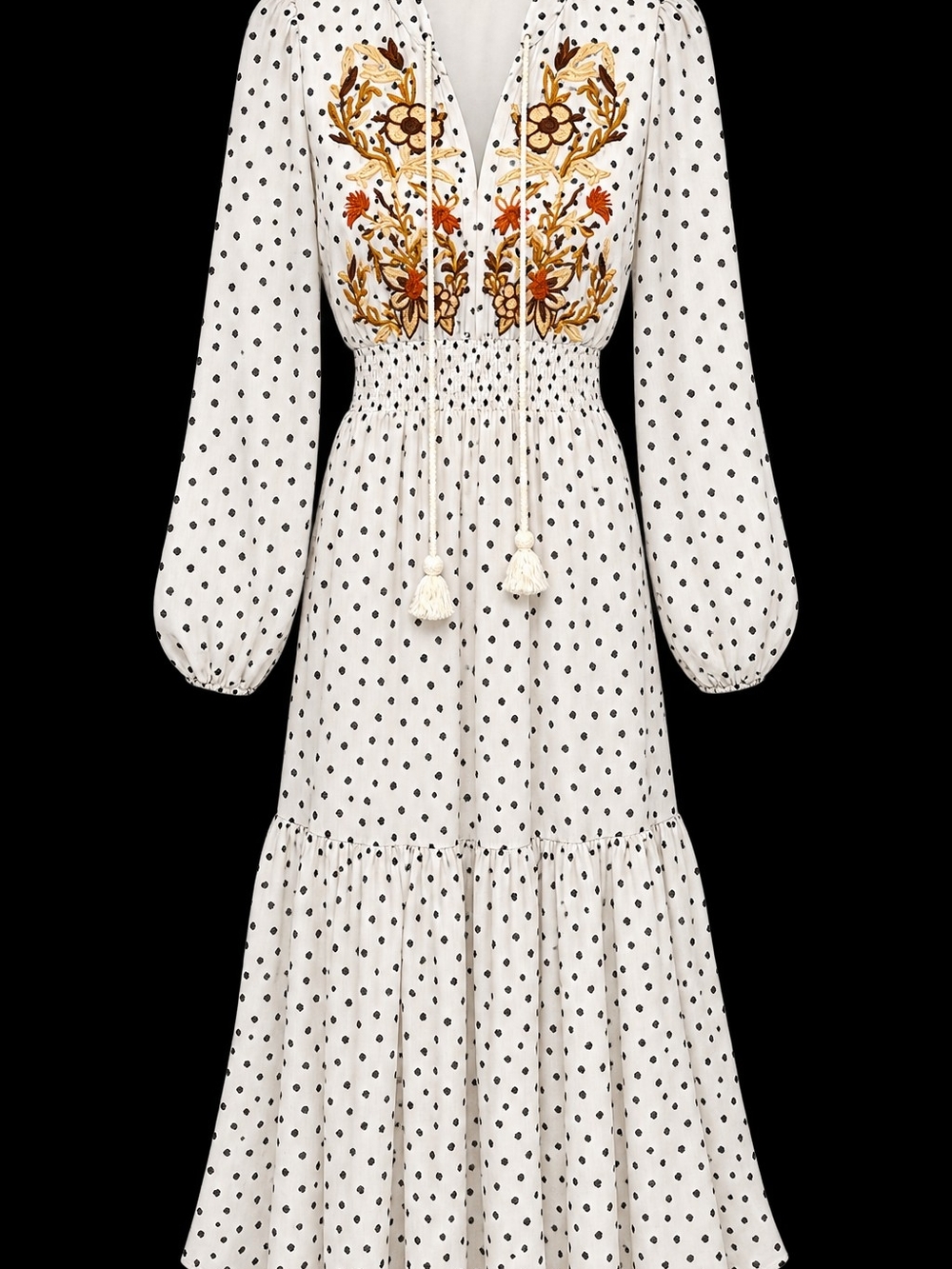 Polka Dot Embroidered Maxi Dress - White with Gold & Rust Floral Accents